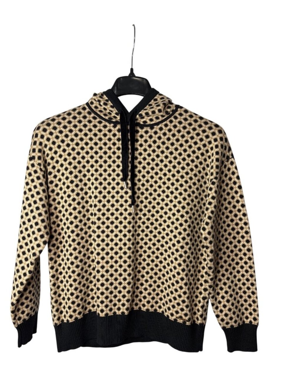 Anne Klein Womens Hoodie Hooded Sweater M Geometric Black Oatmeal Tan Beige New